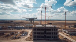 aerial shot of a construction site in attica region, cranes, building in progress, drone in foreground capturing imagery, cinematic angle, industrial setting.
