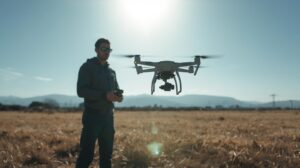drone operator standing in an open field in greece with his quadcopter, ready for take‑off, in action, capturing land‑survey images, bright daylight, high‑tech look.