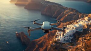 high‑resolution aerial photograph of a modern drone flying above a coastal greek landscape at golden hour, wide view, vivid colours, professional commercial style.